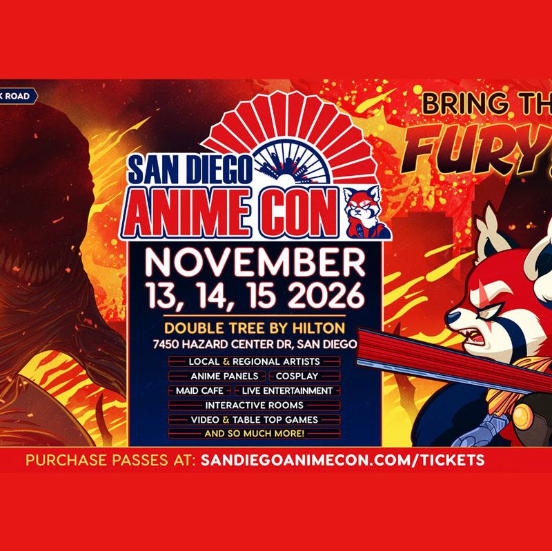 The San Diego Anime Con 2026 will take place November 13–15, 2026 at the DoubleTree by Hilton San Diego Mission Valley. Tickets are available starting March 2026 via Eventbrite and at Fangaea.