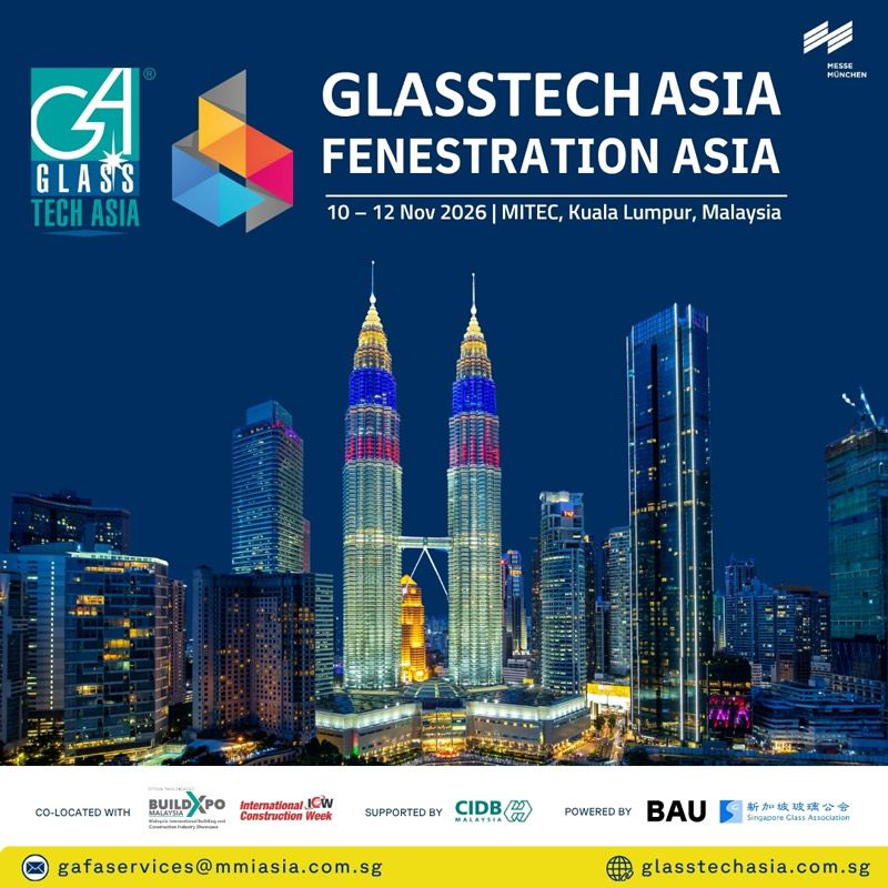 The Glasstech Asia & Fenestration Asia 2026 will be held from November 10–12, 2026 at MITEC, Kuala Lumpur, serving as Southeast Asia’s premier exhibition and conference for the glass and façade industry.  The exhibition will feature 200+ exhibitors showcasing cutting-edge technologies in glass manufacturing, façade systems, and architectural solutions. Alongside the expo, the Asia Façade & Glass Conference 2026 will address key topics such as sustainable construction, lean practices, and ASEAN growth trends.  With more than 4,000 trade visitors expected, the event is a hub for networking, collaboration, and business development, bringing together manufacturers, fabricators, architects, and construction professionals to explore innovations shaping the future of sustainable building.