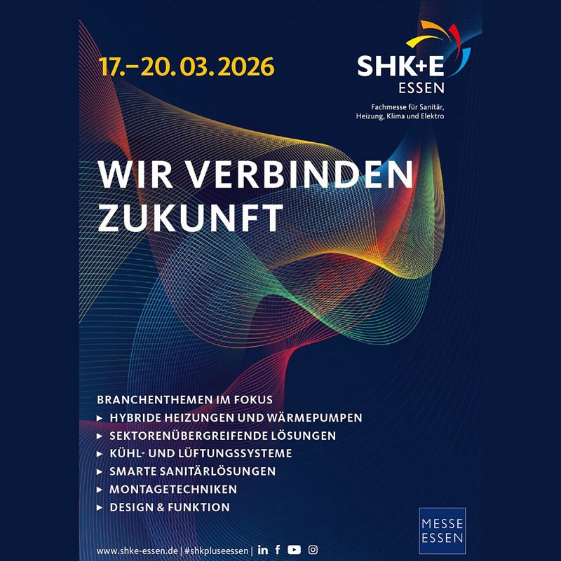 SHK+E ESSEN 2026 จะจัดขึ้นระหว่างวันที่ 17–20 มีนาคม 2569 ณ Messe Essen เมืองเอสเซน ประเทศเยอรมนี โดยเป็นงานแสดงสินค้าด้านสุขาภิบาล ระบบทำความร้อน เครื่องปรับอากาศ และระบบไฟฟ้าที่เก่าแก่ที่สุดงานหนึ่งในยุโรป และถือเป็นงานแรกของปีสำหรับอุตสาหกรรมนี้