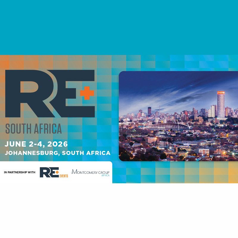 งาน RE+ South Africa 2026 จะจัดขึ้นระหว่างวันที่ 2–4 มิถุนายน 2026 ที่ Gallagher Convention Centre เมือง Johannesburg โดยเป็นครั้งแรกที่ RE+ Events ขยายสู่ทวีปแอฟริกา ร่วมมือกับ Montgomery Africa เพื่อสร้างเวทีระดับพรีเมียมสำหรับตลาดพลังงานหมุนเวียนเชิงพาณิชย์และอุตสาหกรรม