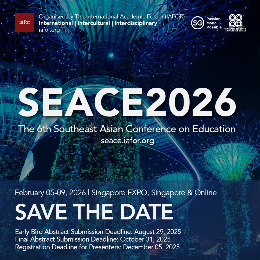SEACE2026 – The 6th Southeast Asian Conference on Education is hosted by IAFOR in partnership with the Osaka School of International Public Policy (OSIPP), held at Singapore Expo and online. The conference invites educators, researchers, and policymakers to engage in interdisciplinary dialogue on education in Southeast Asia and beyond.