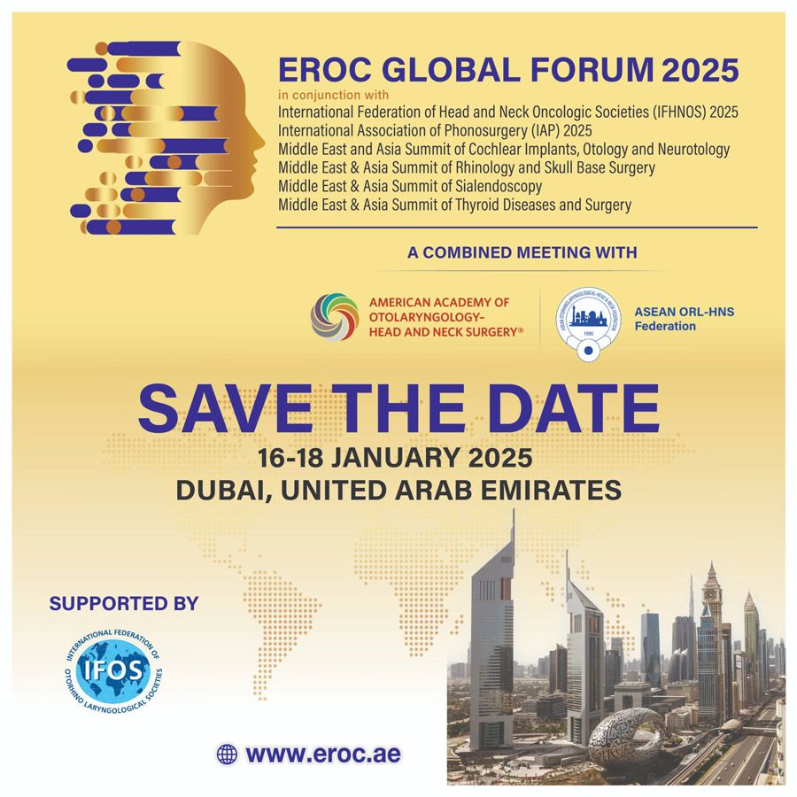 One of the region’s largest specialised medical gatherings, EROC focuses on the latest developments in ear, nose, and throat diseases. Its scope covers areas such as allergies, head and neck surgery, cochlea, audiology, swallowing and communication disorders, otology and neurotology, rhinology and skull base surgery.