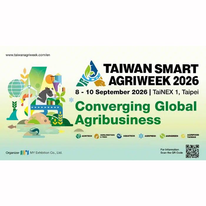 Taiwan Smart Agriweek 2026 will be held from 8–10 September 2026 at Taipei Nangang Exhibition Center (TaiNEX 1), Taiwan. It is Asia’s leading B2B platform for smart agriculture and sustainability, featuring five major themes: AgriTech, AgriLivestock & Feed, AgriFresh, AgriGreen, and International Aquaculture & Fisheries Expo. The event will host over 300 exhibitors from 20 countries.