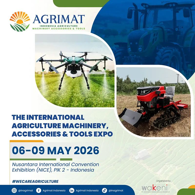 AGRIMAT 2026 will be held from 6–9 May 2026 at the Nusantara International Convention Exhibition (NICE), Tangerang, Indonesia. Organized by PT Wahana Kemalaniaga Makmur (WAKENI), it is Indonesia’s leading international trade fair for agricultural machinery, accessories, and advanced technologies.