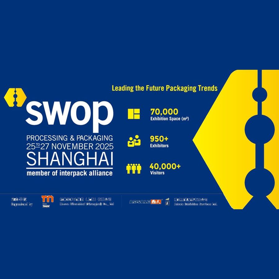 งาน Shanghai World of Packaging (swop) 2025 เป็นงานแสดงสินค้าและเทคโนโลยีด้านการแปรรูปและบรรจุภัณฑ์ระดับนานาชาติ จัดขึ้นระหว่างวันที่ 25–27 พฤศจิกายน 2025 ณ Shanghai New International Expo Centre (SNIEC) เมืองเซี่ยงไฮ้ ประเทศจีน โดยจัดโดย Messe Düsseldorf (Shanghai) ร่วมกับ Adsale Exhibition Services งานนี้ถือเป็นสมาชิกในเครือ Interpack Alliance และจะฉลองครบรอบ 10 ปีในปีนี้