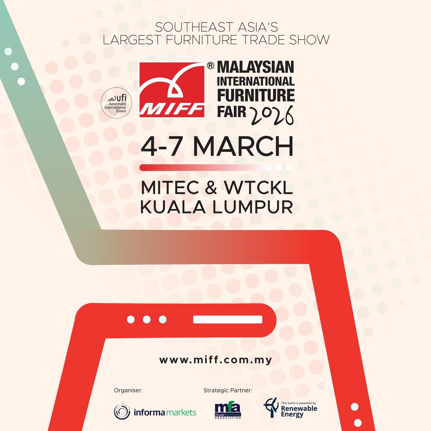 MIFF Malaysia 2026 will be held from 4–7 March 2026 at MITEC and WTCKL, Kuala Lumpur. The 32nd edition follows the concept of “1 Fair, 2 Venues, 17 Halls,” making it ASEAN’s largest international furniture trade show. It will attract exhibitors and buyers from 140 countries and regions, with an expected attendance of 20,000+ visitors.