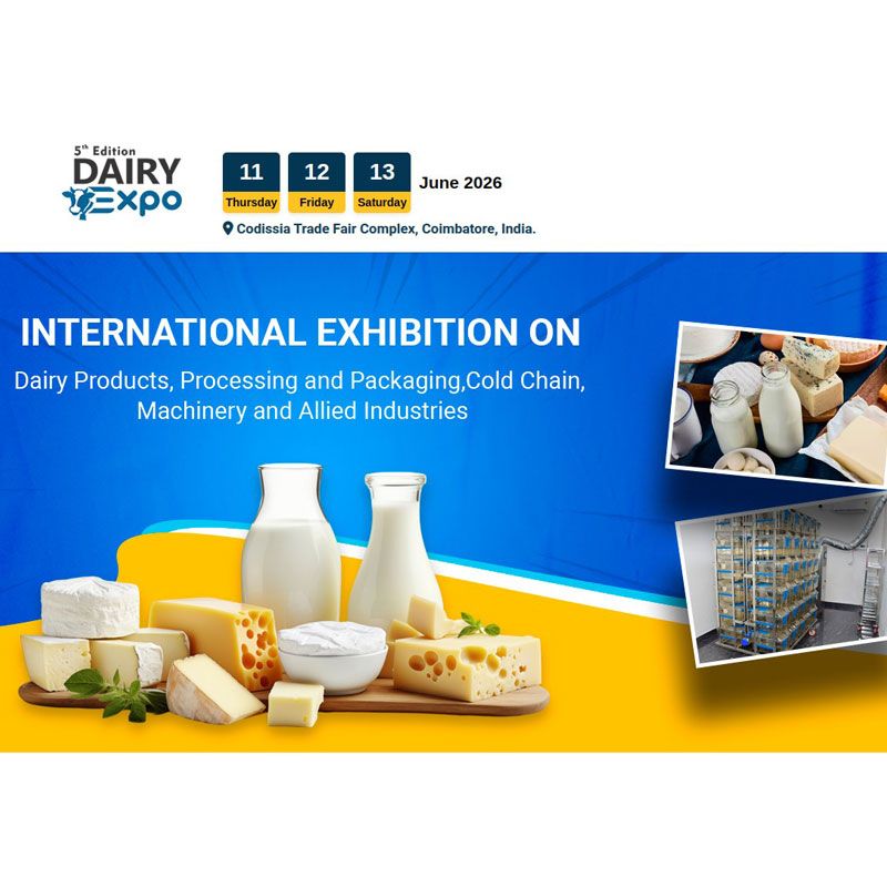 The Dairy Expo 2026 will be held from June 11–13, 2026 at the Codissia Trade Fair Complex, Coimbatore. As the 3rd edition, it serves as a comprehensive platform for the dairy industry value chain, covering milk procurement, processing, chilling, pasteurization, packaging, and marketing.