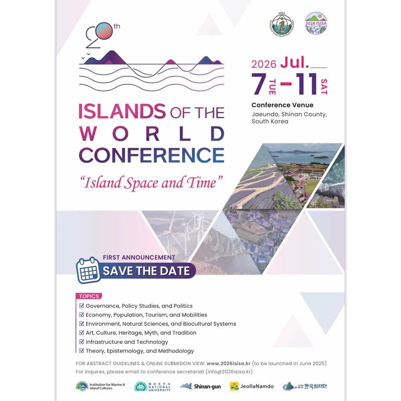 The 20th ISISA – Islands of the World Conference will be held July 7–11, 2026 in Shinan County, Jeollanam‑do, South Korea, often called the “capital of islands” with more than 1,000 islands.  The main theme is “Island Space and Time”, exploring the realities and futures of islands through diverse disciplines. Sub‑themes include: