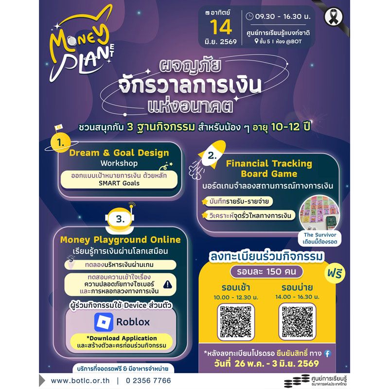 กิจกรรม “Money PLANet ผจญภัยจักรวาลการเงินแห่งอนาคต” จัดขึ้นในวันอาทิตย์ที่ 14 มิถุนายน 2569 ณ ศูนย์การเรียนรู้ธนาคารแห่งประเทศไทย (BOTLC) ริมแม่น้ำเจ้าพระยา โดยเปิดให้เข้าร่วมฟรีสำหรับเยาวชนอายุ 10–12 ปี กิจกรรมนี้ออกแบบมาเพื่อสร้างความเข้าใจด้านการเงินผ่านการเรียนรู้เชิงสนุกสนานและการมีส่วนร่วม
